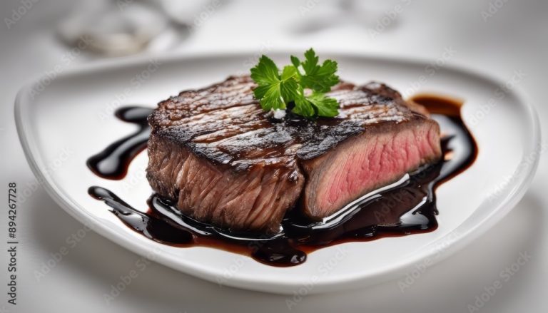 Cooked wagyu steak sliced and topped with flavorful balsamic glaze with isolated white background