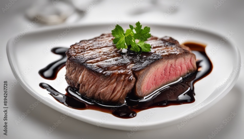 Cooked wagyu steak sliced and topped with flavorful balsamic glaze with isolated white background