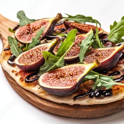 Delicious fig pizza crafted with fresh ingredients. Topped with arugula and balsamic drizzle. A unique flavor experience awaits. Generative AI