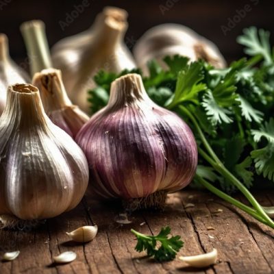 Fresh garlic and cilantro on a rustic wooden surface, ideal for cooking and flavoring dishes.