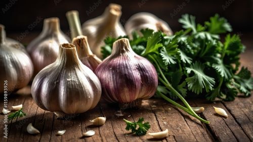 Fresh garlic and cilantro on a rustic wooden surface, ideal for cooking and flavoring dishes.