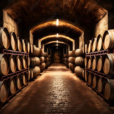 Old Wooden barrels with wine in a wine vault cellar. Neural network AI generated art