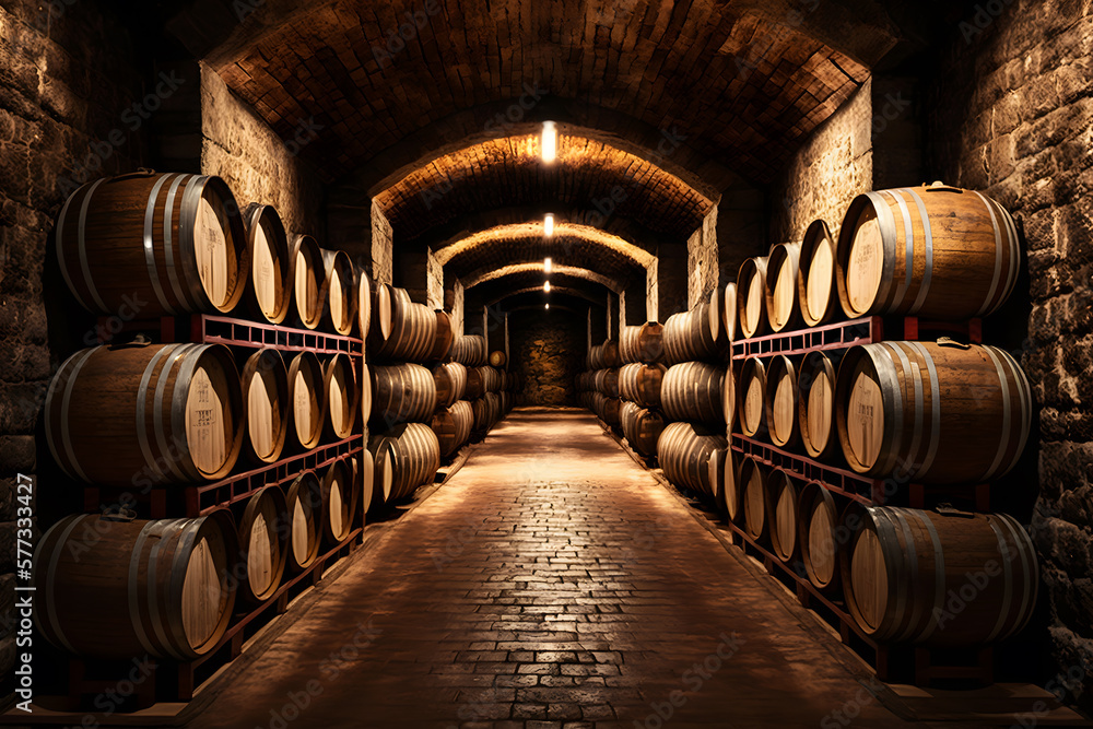 Old Wooden barrels with wine in a wine vault cellar. Neural network AI generated art