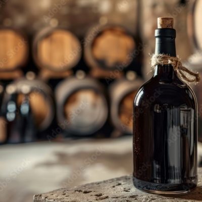 photograph of Bottle of balsamic syrup on stone table in old wine cellar, blurred background with wooden barrels and bottles.