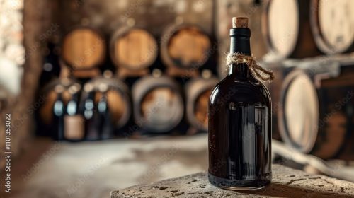 photograph of Bottle of balsamic syrup on stone table in old wine cellar, blurred background with wooden barrels and bottles.