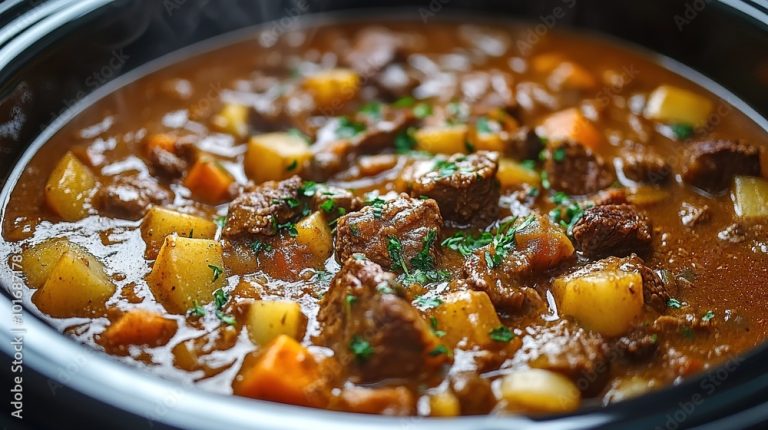 Succulent beef stew cooking in a crock pot