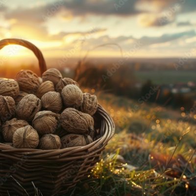 Sunset scenery with walnuts in a basket