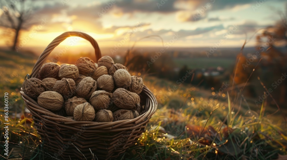 Sunset scenery with walnuts in a basket